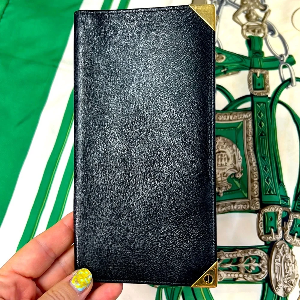 Auth. Dunhill Black Leather Long Bifold Wallet Card Bill holder 4” x 7.5”